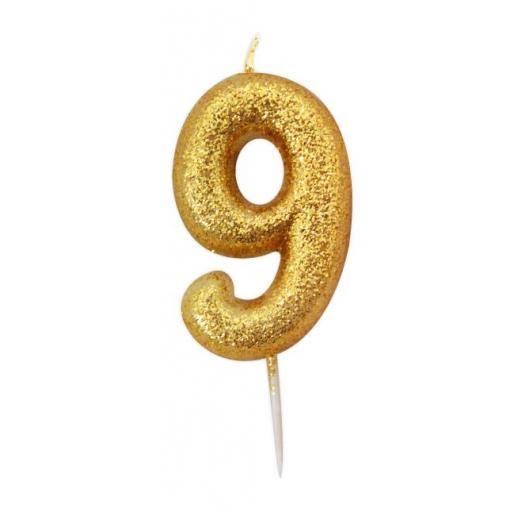 No 9 - Gold Glitter Numeral Moulded Cake Candle