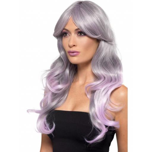 Fashion Ombre Wig, Wavy, Long, Grey & Pastel Pink, Heat Resistant/ Styleable