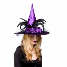 Deluxe Witches Hat with feathers Purple