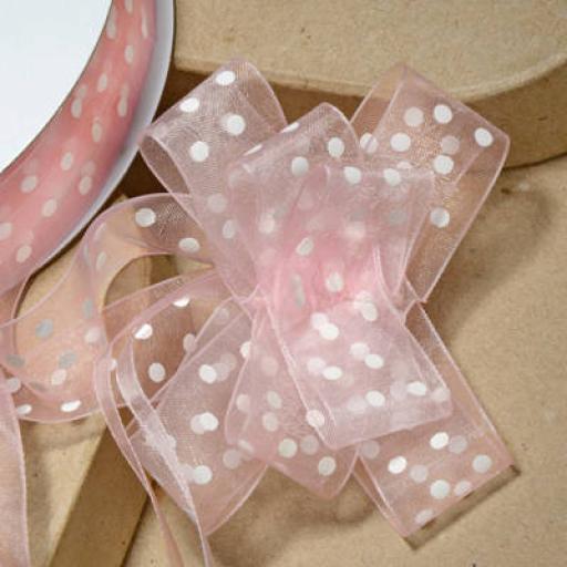 Organza Pull Bow Ribbon Pink with White Spots 38mm x 1pc