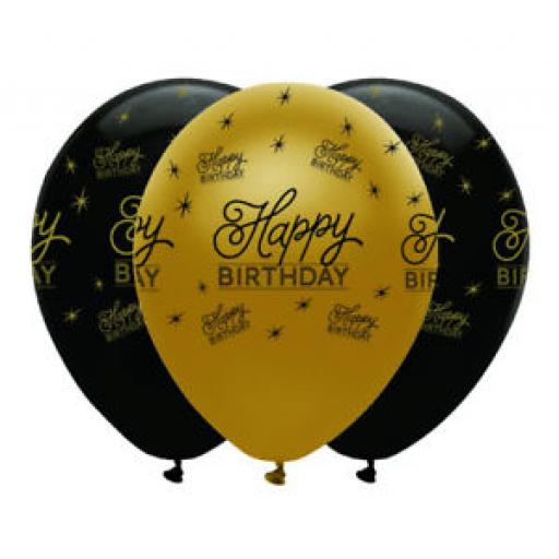6 Happy Birthday Printed Latex 12in Balloons Gold & Black
