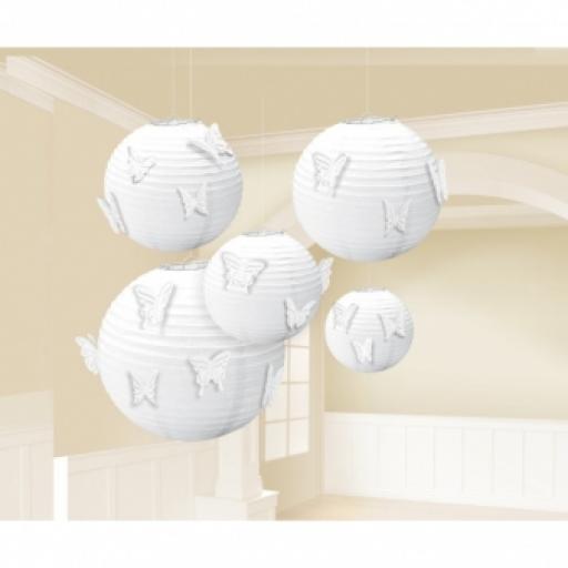 White Paper Lanterns with Butterfly Attachments