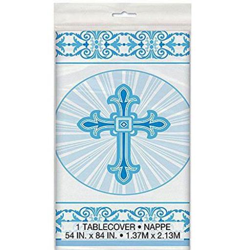Radiant Cross Blue Religious Plastic Tablecover 54x84 inch - Communion
