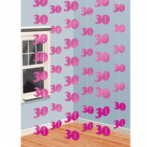 30th Birthday Hanging String Foil Decorations Pack of 6 2.1m long each Pink