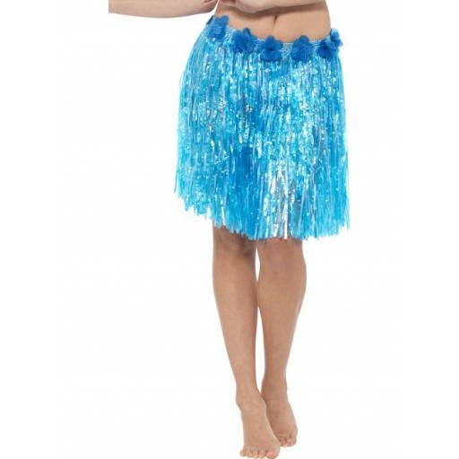 Hawaiian Hula Skirt with Flowers, Neon Blue, with Velcro Fastening & Adjustable Waist Band