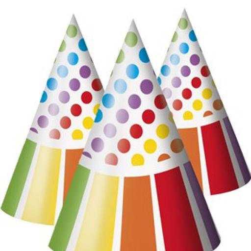 Rainbow Party Cone Paper Hats 8pcs