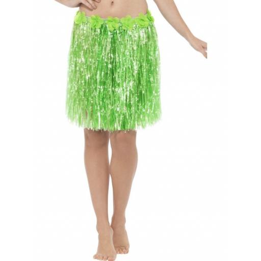Hawaiian Hula Skirt with Flowers, Neon Green, with Velcro Fastening & Adjustable Waist Band