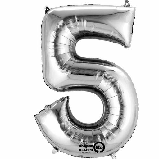 Number 5 Silver Minishape Foil Balloons 16"/40cm Air-Fill