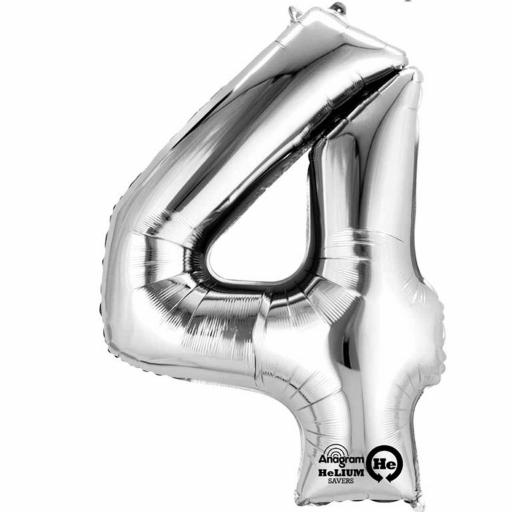 Number 4 Silver Minishape Foil Balloons 16"/40cm Air-Fill