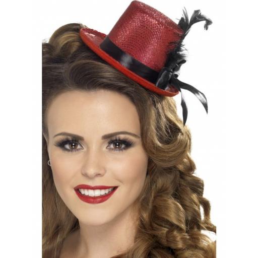 Mini Tophat, Red With Black Ribbon and Feather