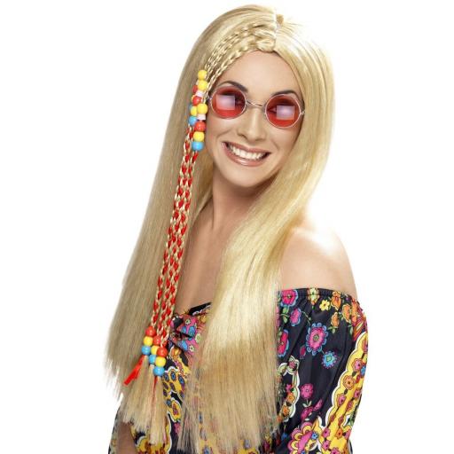 Hippy Party Wig, Blonde, Long with Coloured Beads