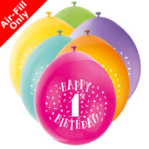 9 inch Happy 1st Birthday Latex Air Fill Balloons Pack of 10 Assorted Colours