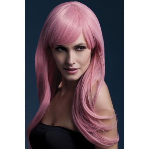 Fever Sienna Wig, Pastel Pink, Long Feathered with Fringe, 66cm / 26in