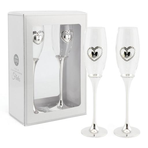 Silver Plated Heart Diamantes Detail Champagne Drinking Glass Flutes