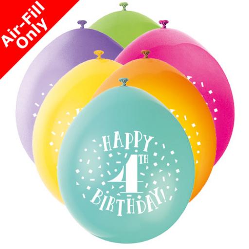 9 inch Happy 4th Birthday Latex Air Fill Balloons Pack of 10 Assorted Colours