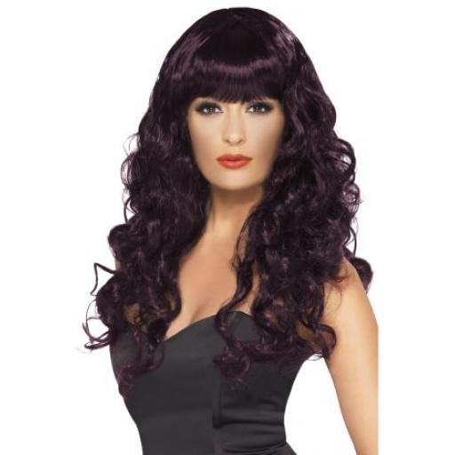 Siren Wig, Plum, Long, Curly with Fringe