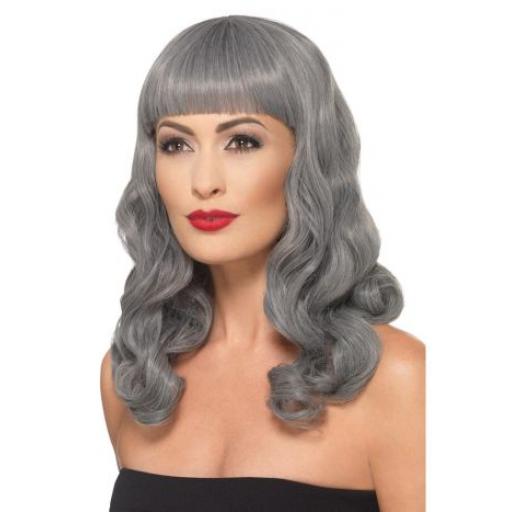 Deluxe Wig Wavy With Fringe, Grey, Heat Resistant/ Styleable
