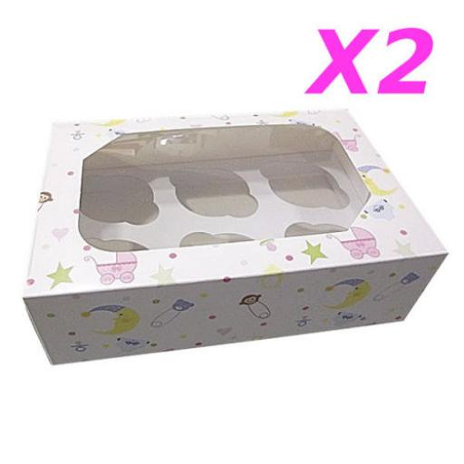 6 Muffin Boxes Baby Shower Christening 2/pack