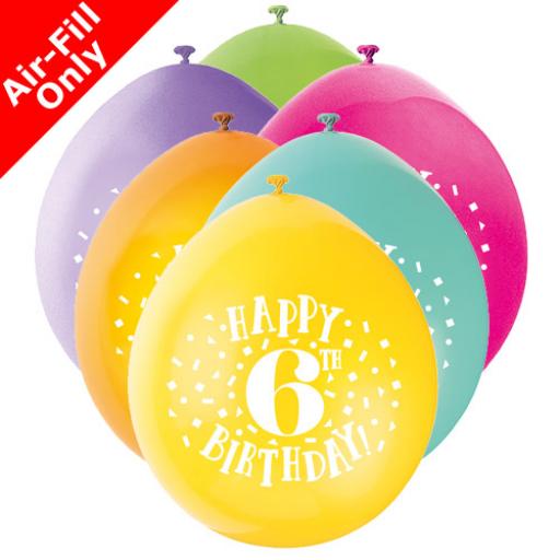 9 inch Happy 6th Birthday Latex Air Fill Balloons Pack of 10 Assorted Colours