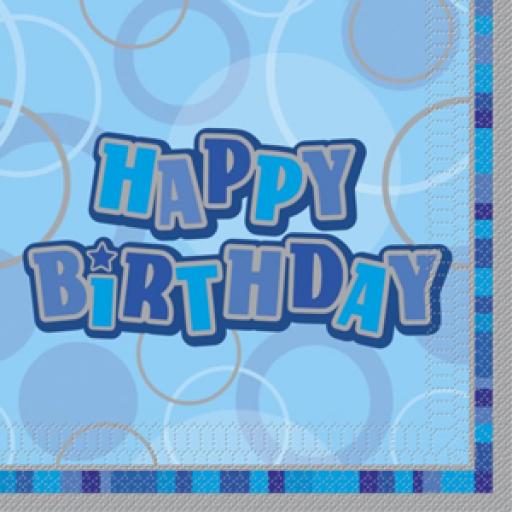 16 Happy Birthday Blue Glitz Lunch Napkins3ply/33cmx33cm