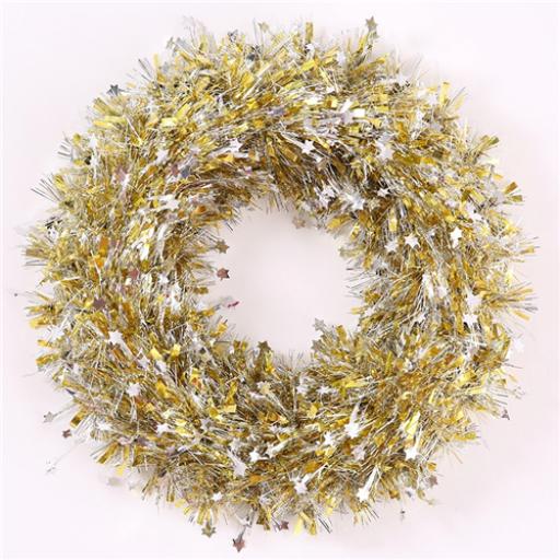 Tinsel Wreath Gold With Silver Stars -37cm