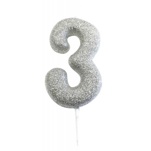 Age 3 Glitter Numeral Moulded Pick Candle Silver