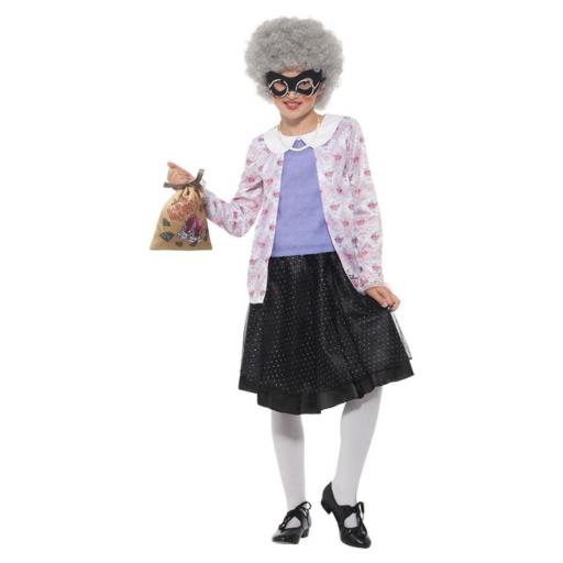 David Walliams DL Gangsta Granny Purple Black Top, Skirt, Wig, Mask, Bag, P Necklace & Glasses -Small