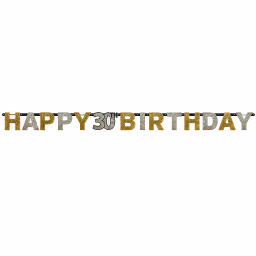 Gold Sparkling Celebration 30th Happy Birthday Prismatic Letter Banners 2.14m x 17cm