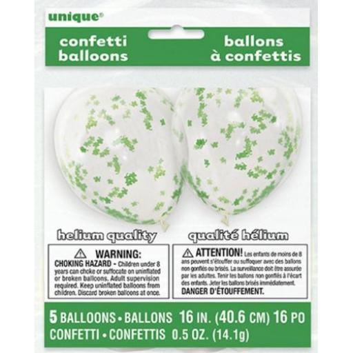 5 St. Patrick's Day Latex Balloons with Shamrock Confetti-16"