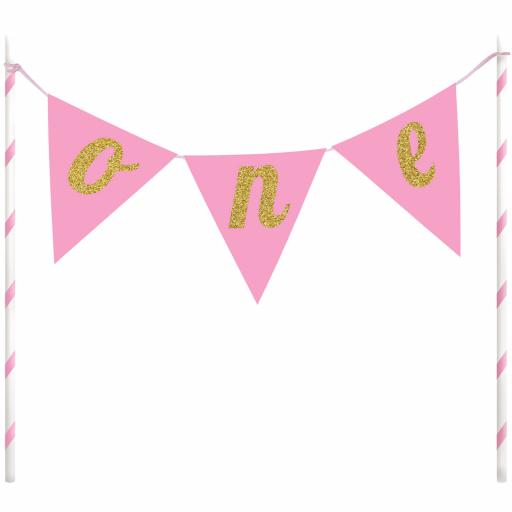 Cake Banner "One" 1st Birthday Party Girls Pink Cake Topper