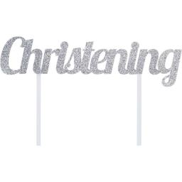 Christening Silver Glitter Cake Topper - 7 x 4.92"