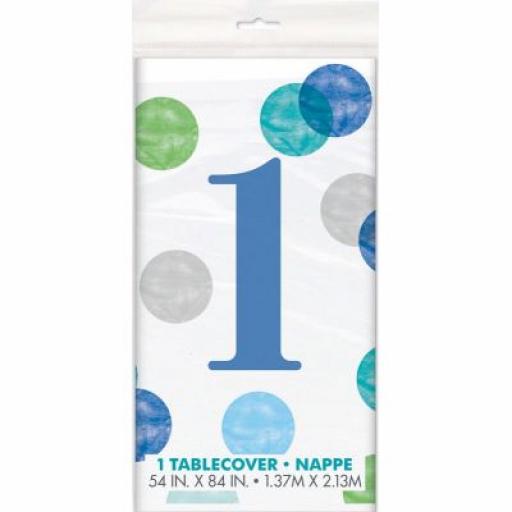 Blue Dots 1st Birthday Table Cover 54in x 84in