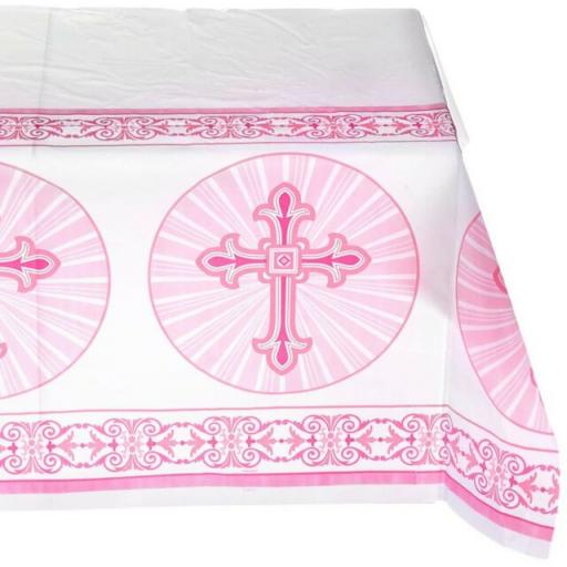 Plastic Radiant Cross Pink Religious Tablecloth 54in x 84in