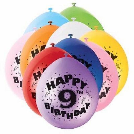 Happy 9th Birthday Anniversary Assorted Colour Latex Balloon 9"