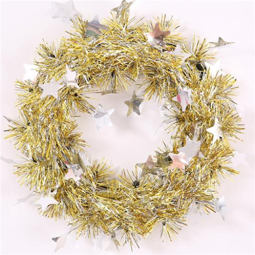 Round Tinsel Wreath Gold/Silver With Silver Stars 10"
