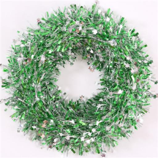 Tinsel Wreath GREEN With Mini Stars -37cm