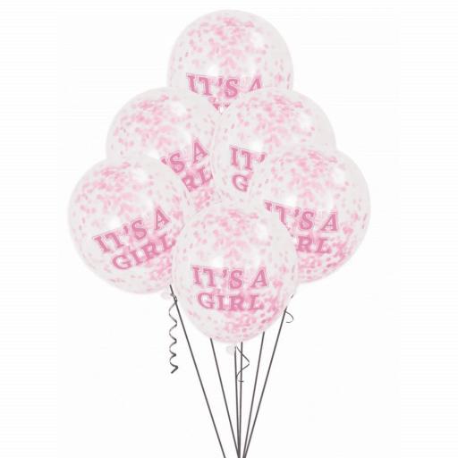 Unique It's A Girl Confetti Latex Balloons 6pcs