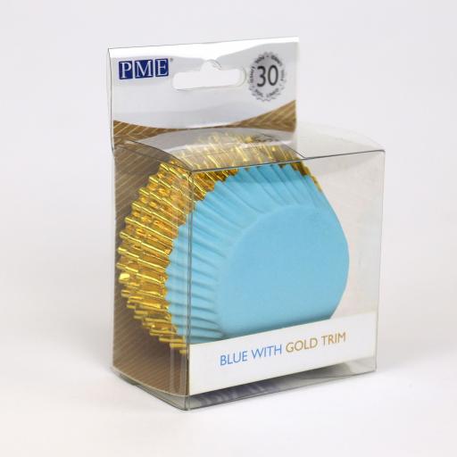 CUPCAKE CASES FOIL LINED - BLUE WITH GOLD FOIL TRIM PK/30