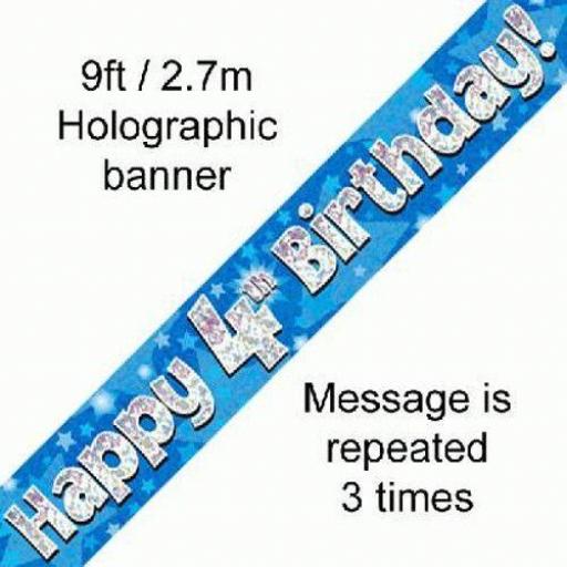 4th Happy Birthday Holographic Blue Banner 2.7 M Long
