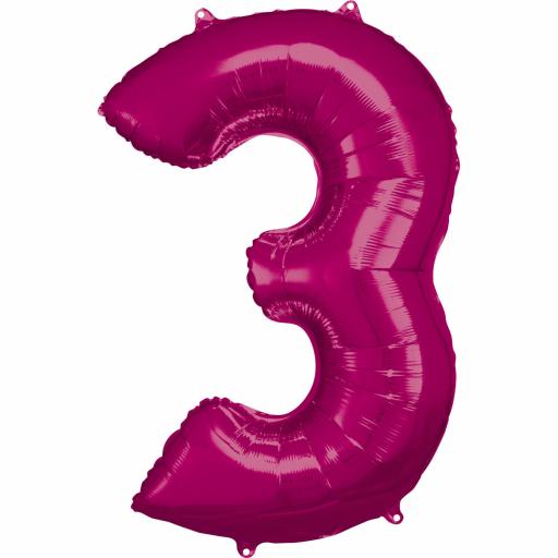 Number 3 Pink SuperShape Foil Balloons 22"/58 cm w x 34"/88cm h