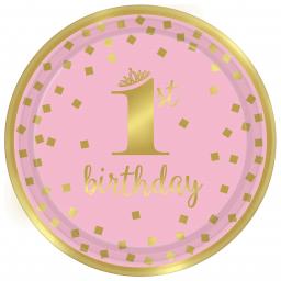 1st Birthday Girl Pink & Gold Metallic Paper Plates 23cm - 8.jpg