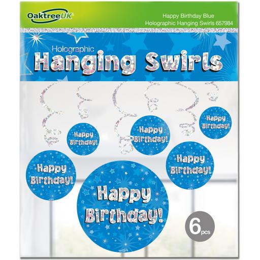 Happy Birthday Blue Holographic Hanging Swirls 6pcs