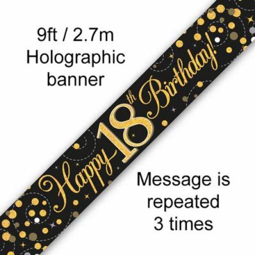 18th Happy Birthday Black & Gold Holographic Banner3.65 M Long