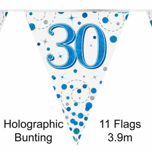 Party Bunting 30th Sparkling Fizz Birthday Blue Holographic 11 flags 3.9m