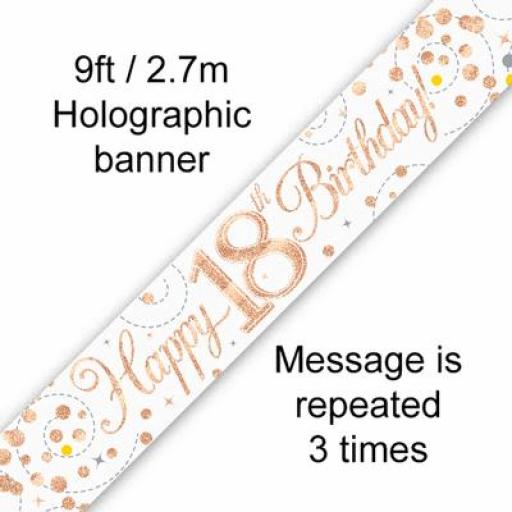 18th Happy Birthday White & Rose Gold Holographic Banner 2.7 M Long