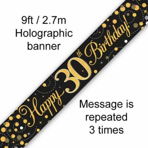 30th Happy Birthday Black& Gold Holographic Banner 2.7 M Long