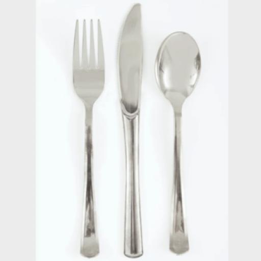 Plastic Cutlery 18 Silver 6 Of Each Knives,Forks,Spoons