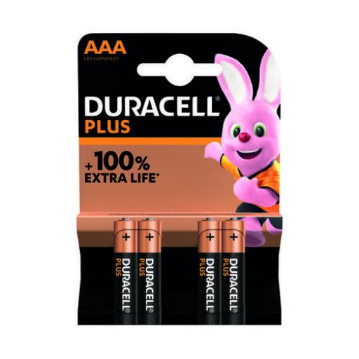 Duracell Plus AAA Battery Alkaline 100% Extra Life (Pack of 4)