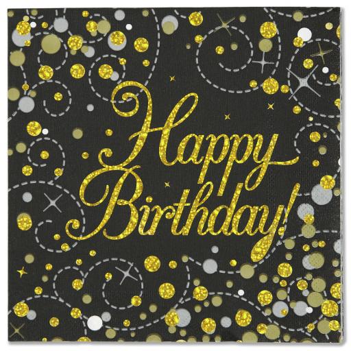 Happy Birthday Sparkling Fizz Black & Gold 33cm x 33cm  Napkins