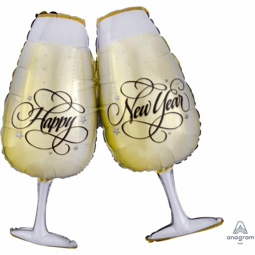 New Year Toasting Glasses SuperShape Foil Balloons 27"/69cm w x 30"/76cm h